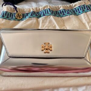 Tory Burch Metallic Mirror Silver Clutch with Gold Accent